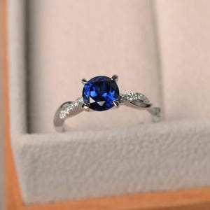 Blue sapphire rings, unique anniversary rings, September birthstone, round cut rings, silver rings, elegant rings