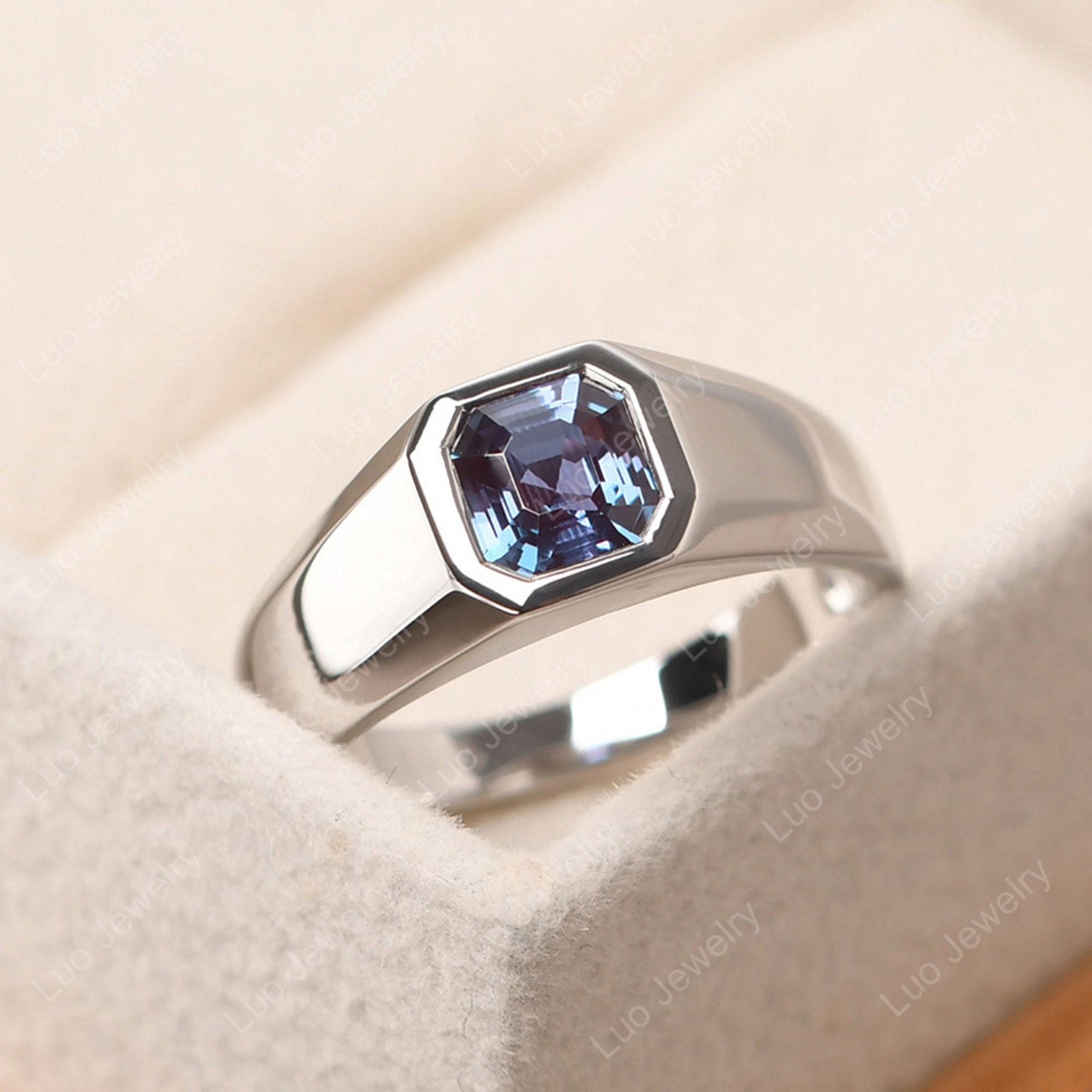 Minimalist Alexandrite Wedding Ring for Men, Asscher Cut June