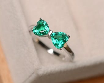 Emerald ring sterling silver, engagement ring, May birthstone, promise ring for her, multistone ring,hear cut emerald