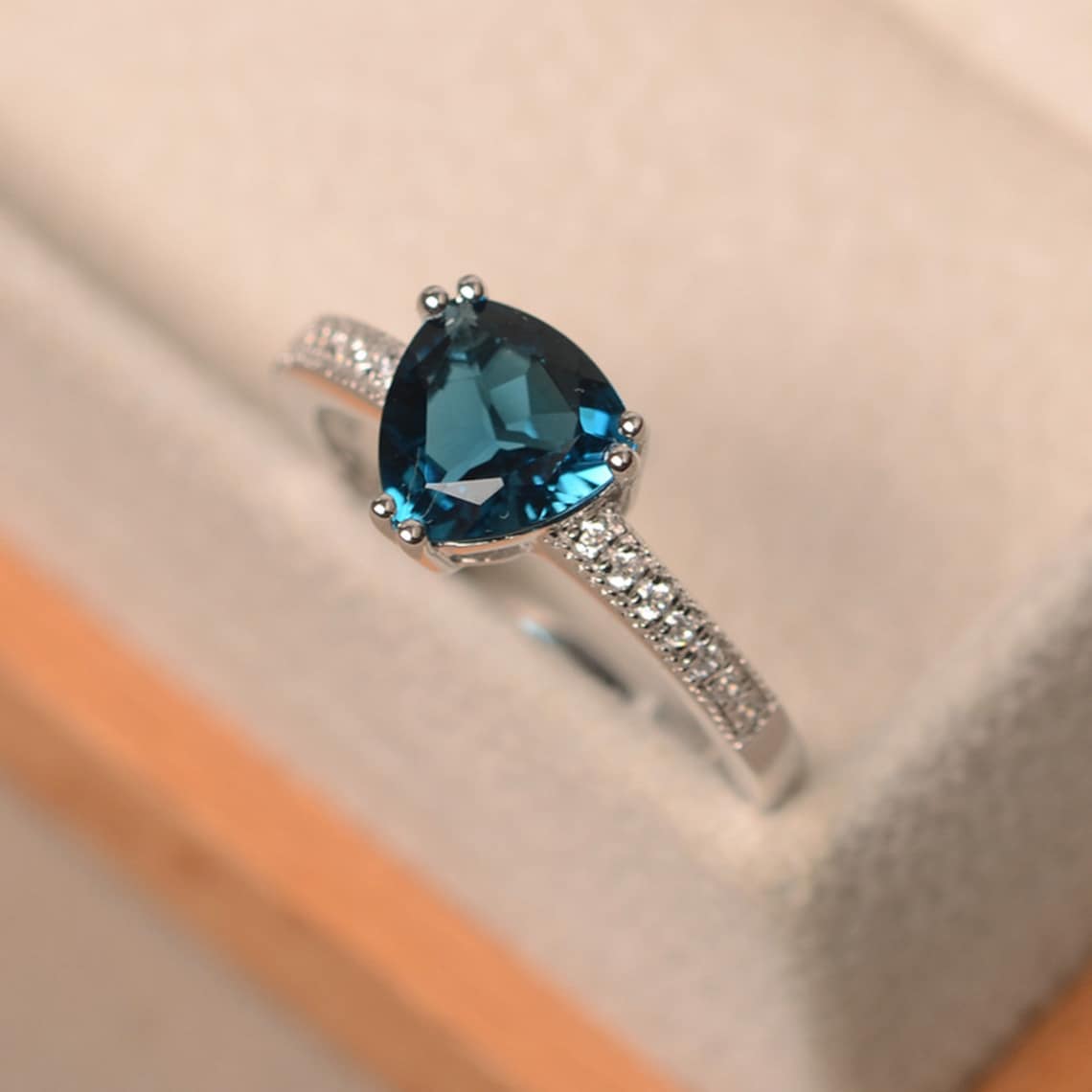 London Blue Topaz Ring Engagement Ring Trillion Cut Ring Etsy