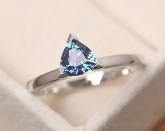 Simple alexandrite ring,sterling silver solitaire promise ring,trillion cut June birthstone ring