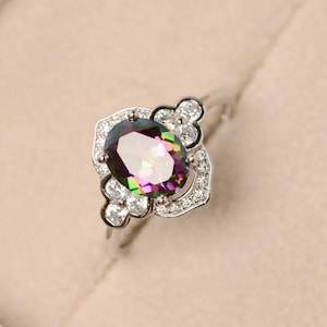 Mystic topaz, oval cut ring, rainbow topaz ring, engagement ring