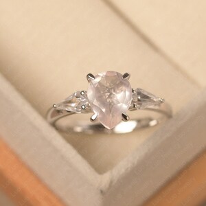 Natural rose quartz statement ring, 14k white gold, pink gemstone multi-stone ring