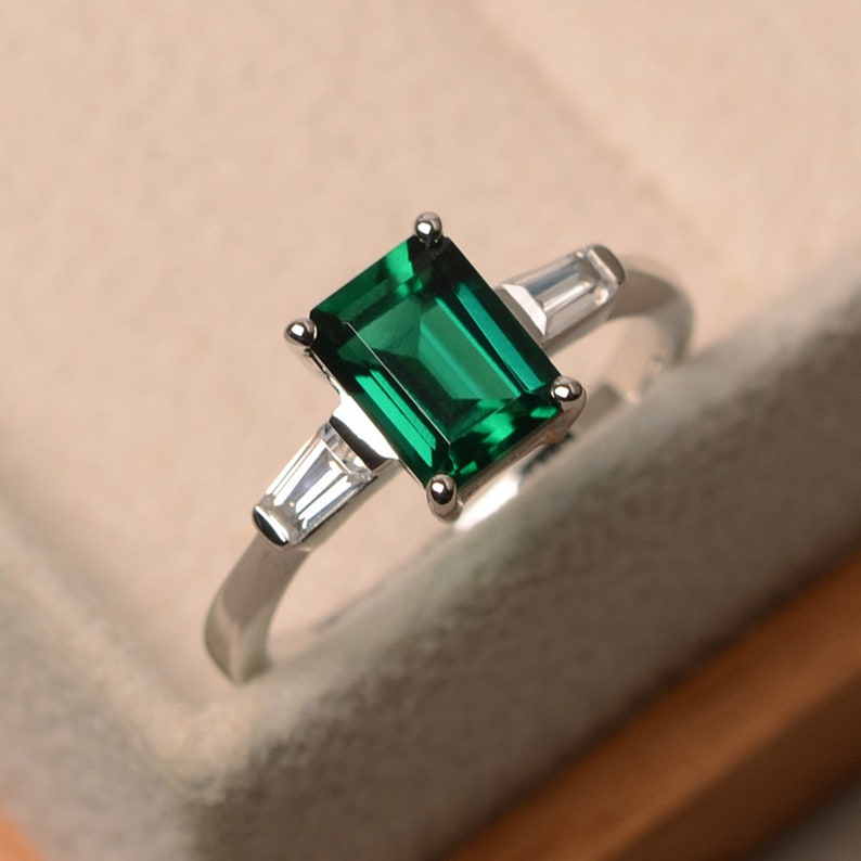 Lab Emerald Ring Emerald Cut Green Gemstone Sterling Silver Etsy