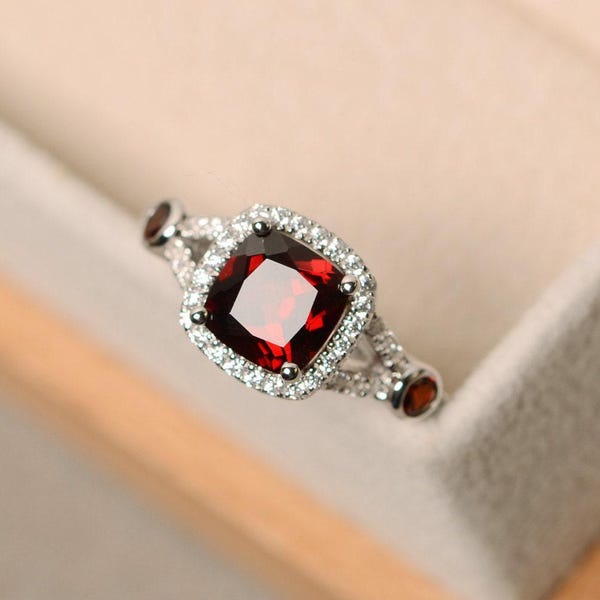 Garnet ring, engagement ring, cushion cut ring, red garnet ring, engagement ring