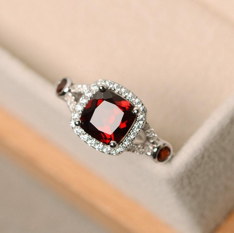 Garnet ring, engagement ring, cushion cut ring, red garnet ring, engagement ring image 1