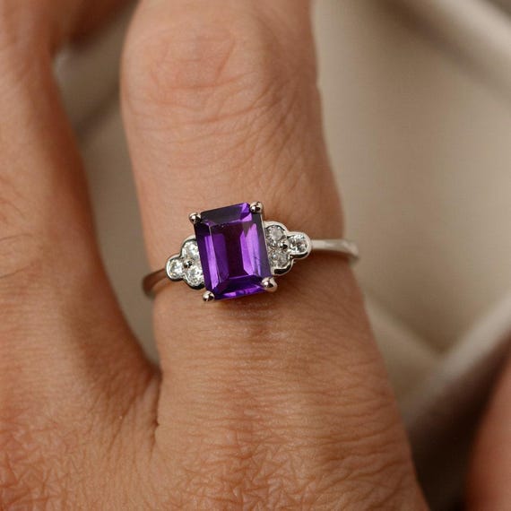Purple amethyst ring, gemstone ring, emerald cut amethyst, sterling silver,  February birthstone ring