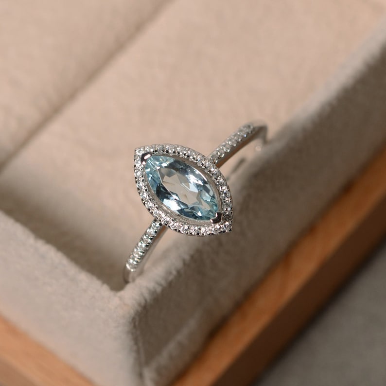 March birthstone promise ring Marquise aquamarine ring silver