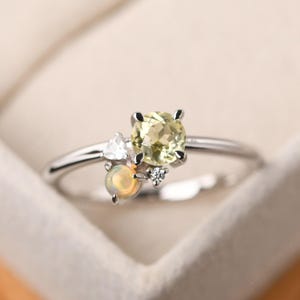 Personalized lemon quartz and opal anniversary ring,sterling silver round cut October birthstone ring