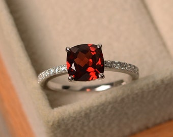 Real garnet ring,sterling silver, cushion cut, Engagement ring for women