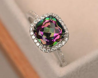 Mystic topaz rings, rainbow mystic topaz, sterling silver, cushion cut, engagement rings