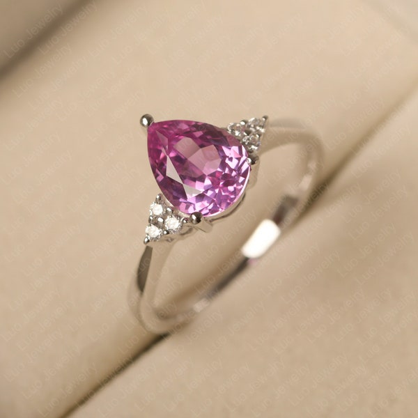 Pink sapphire wedding ring, water drop shaped, solid sterling silver, hot pink gemstone,unique daily ring