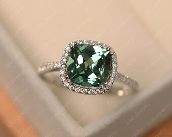 Green sapphire ring, white gold engagement ring, cushione cut gemstone