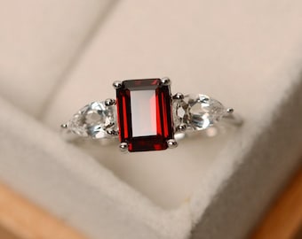 Vintage garnet multi stone wedding ring, 925 sterling silver, emerald cut, custom January birthstone ring