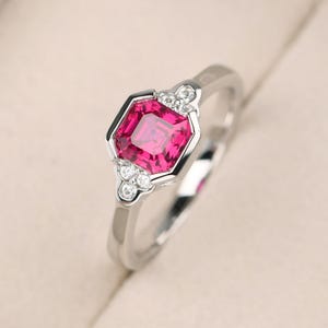 Vintage ruby statement ring, 14k white gold,asscher cut, July birthstone ring