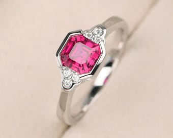 Vintage Rubin Statement Ring, 585 Weissgold, Juli Geburtsstein Ring, Asscher Schliff