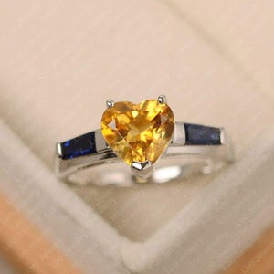 Citrine ring, heart cut, yellow stone ring, sterling silver, wedding ring for women
