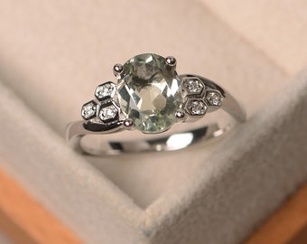 Green amethyst ring, oval cut engagement ring, sterling silver ring