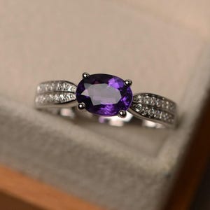 natural amethyst ring, oval cut purple gemstone ring, February birthstone ring, white gold ring, wedding ring for women