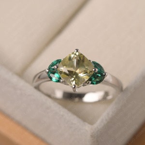 Natural lemon quartz engagement ring, cushion cut, yellow gemstone, emerald cluster ring, solid silver