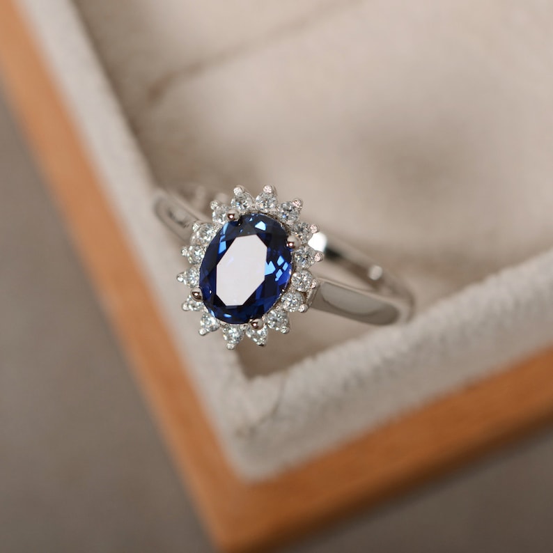 Halo oval engagement ring, sapphire bridal ring, 14k white gold, September birhtstone 