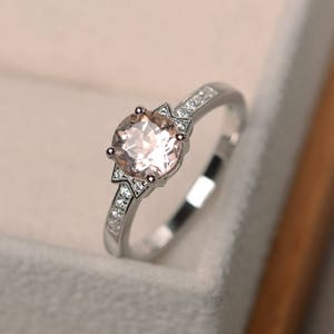 Natural pink morganite rings, unique wedding rings, unique ring, solid silver rings, round cut pink gemstone