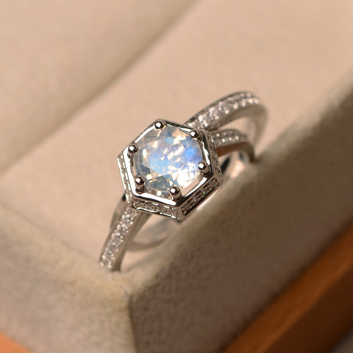 Moonstone Engagement Ring Blue Moonstone Ring Set Faceted Etsy
