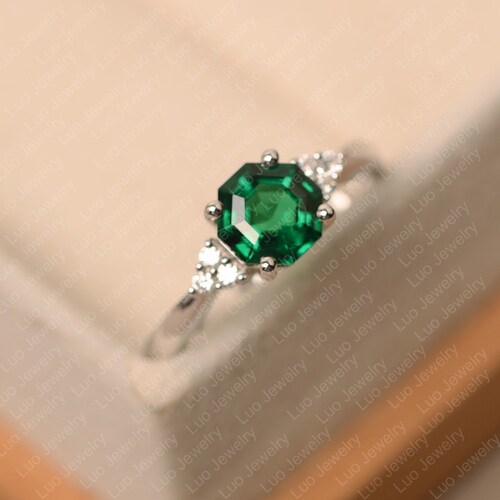 Emerald ring, sterling silver engagement shops ring, May birthstone, octagon cut green stone ring