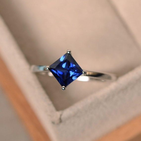 Lab sapphire ring, princess cut sapphire,silver, solitaire ring, prong setting, September birthstone
