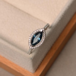 London blue topaz ring, marquise cut blue gemstone, sterling silver ring