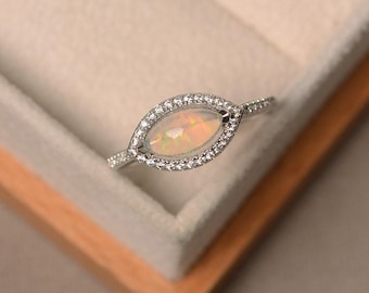 Marquise cut white opal ring, sterling silver, engagement ring, halo ring