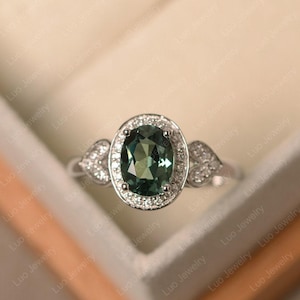 Oval cut ring, lab green sapphire ring, sterling silver vintage ring for women