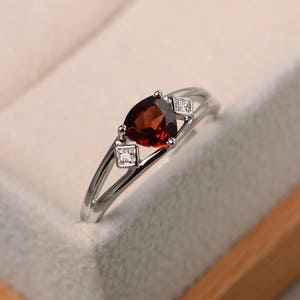 Engagement ring, natural garnet ring, trillion cut red gemstone, January birthstone, sterling silver ring