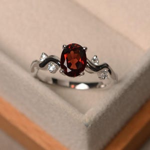 Garnet ring for women, oval cut engagement ring, January birthstone ring, sterling silver ring