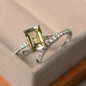 Lemon quartz ring, sterling silver ring, emerald cut yellow gemstone ring, set ring for wedding