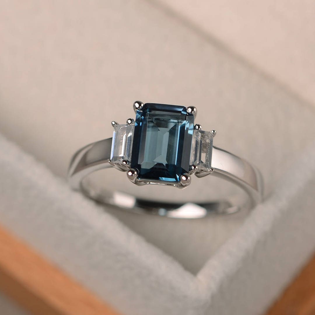 London Blue Topaz Ring, Promise Ring, Emerald Cut Blue Gemstone ...