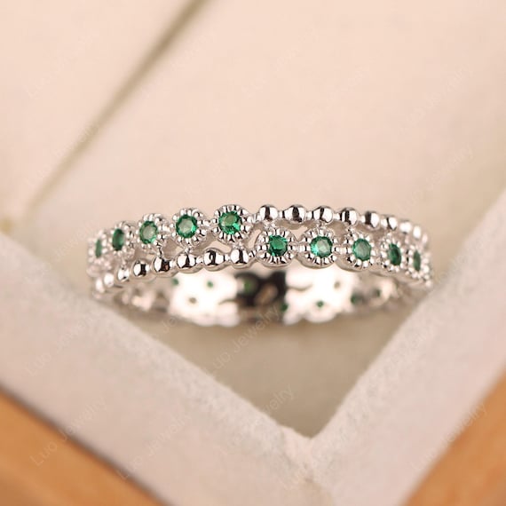 Dainty emerald stacking ring, eternity beaded band ring,sterling silver,unique wedding band,May birthstone ring