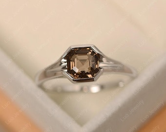 Smoky quartz ring, asscher cut, brown gems ring,sterling silver, quartz gold ring,vintage ring