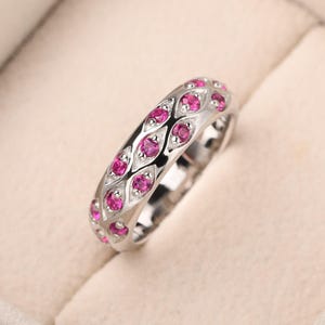 Eternity ruby statement ring for men,sterling silver pave stacking ring,July birthstone ring