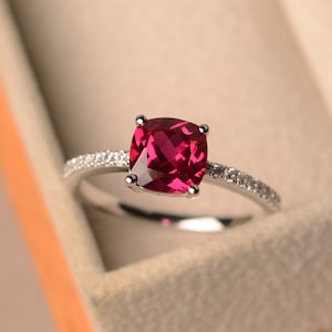 Vintage ruby ring, engagement ring, sterling silver, cushion cut, red gemstone, July birthstone