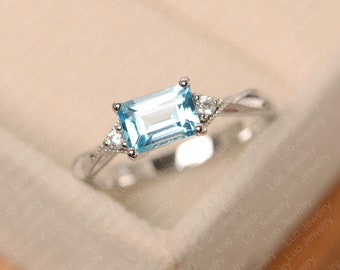 Swiss blue topaz ring, emerald cut, three stone ring, sterling silver, wedding ring for women