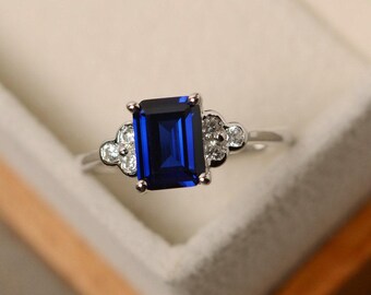 Anillo de zafiro, anillo de talla esmeralda, anillo de zafiro azul, plata 925, anillo azul, anillo de promesa para ella