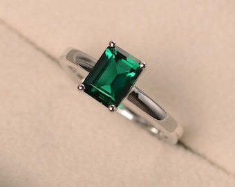 Green emerald ring, May birthstone ring, emerald cut green gemstone ring, solitaire ring, plain gold ring, engagement ring for her