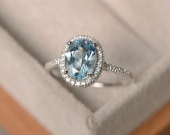 March birthstone aquamarine ring, sterling silver, halo ring gemstone, engagement ring