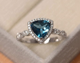 London blue topaz ring, trillion cut halo ring, sterling silver, engagement ring for women