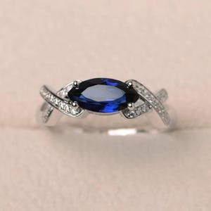 Blue sapphire ring, anniversary ring, September birthstone ring, marquise cut gemstone, sterling silver ring
