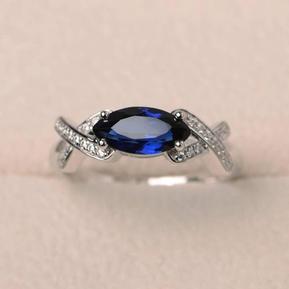 Blue sapphire ring, anniversary ring, September birthstone ring, marquise cut gemstone, sterling silver ring