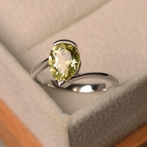 London blue topaz ring, pear cut blue gemstone, sterling silver finished with rhodium, engagement ring, solitaire ring Lemon Quartz