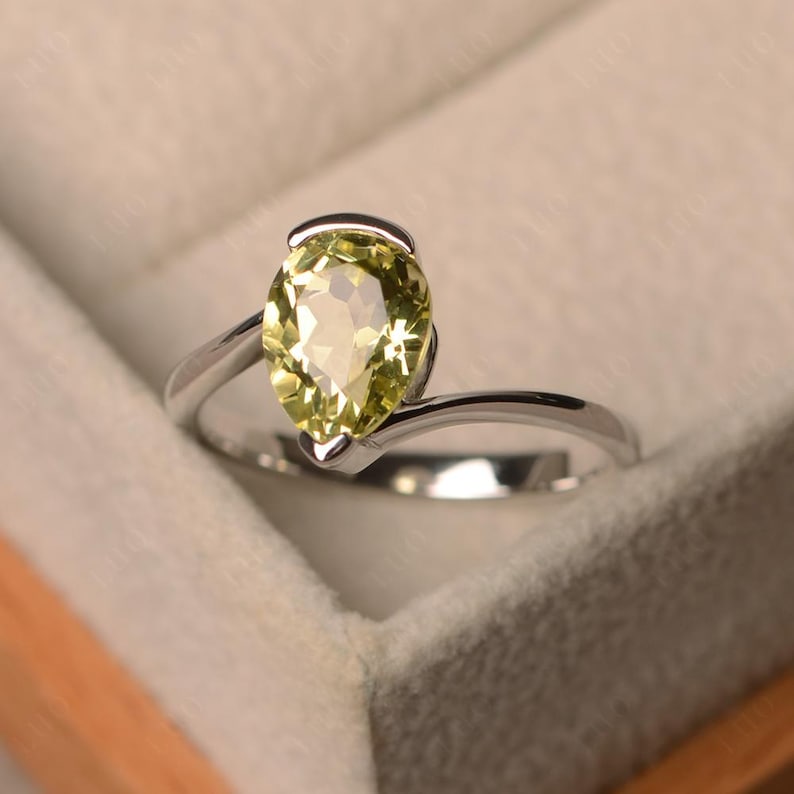 London blue topaz ring, pear cut blue gemstone, sterling silver finished with rhodium, engagement ring, solitaire ring Lemon Quartz