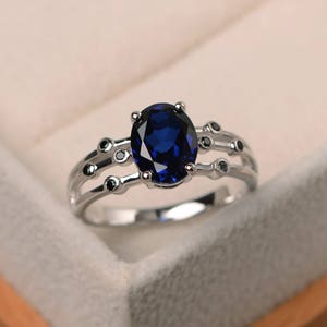 Sapphire ring, wedding ring, sterling silver ring,oval cut blue gemstone, September birthstone